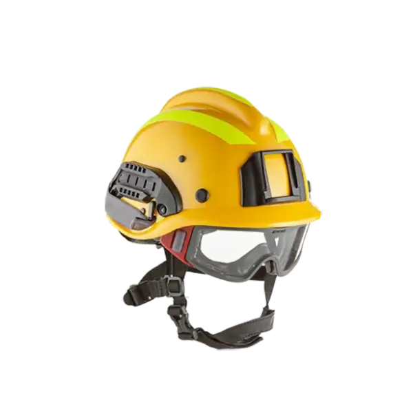 A yellow firefighter helmet with a green stripe, attached black goggles, and chin strap, perfect for wildfire gear. Isolated on a transparent background.
