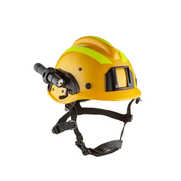 A yellow safety helmet with a chin strap, mounted flashlight, and reflective strip on top—ideal wildfire gear designed for use in construction, emergency situations, or as part of a firefighter’s wildfire supply kit.