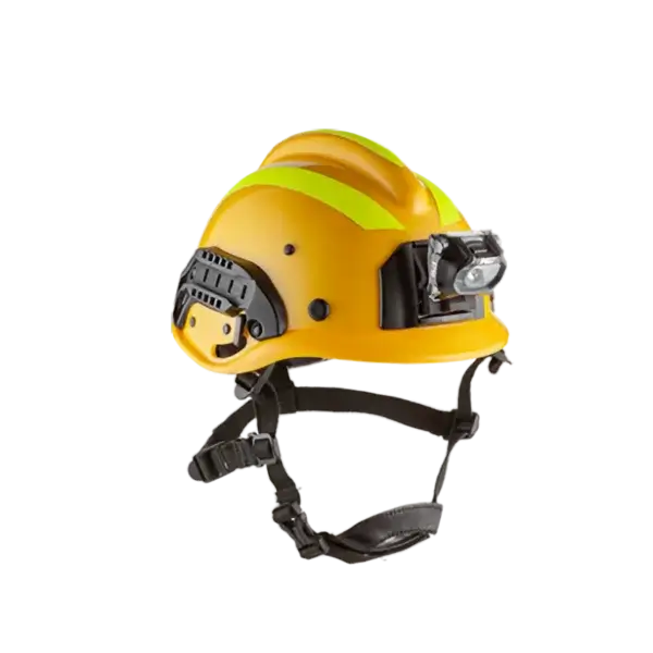 Yellow safety helmet with a green stripe, chin strap, ear protection, and a mounted headlamp—essential wildfire gear in Canada—shown against a plain black background.