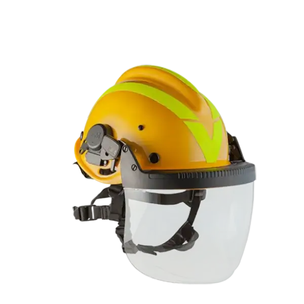 A yellow safety helmet with a green reflective chevron and clear face shield, featuring black adjustable straps and side attachments—perfect for wildfire supply kits or as essential wildfire equipment Canada trusts.