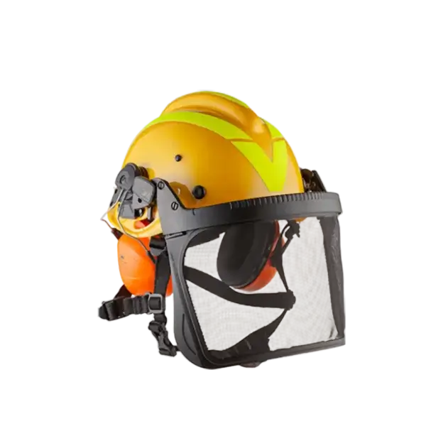 A yellow safety helmet with attached earmuffs and a mesh face shield, designed for head, ear, and face protection—ideal as wildfire gear or essential wildfire supply in industrial or forestry settings.