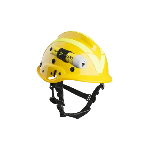 A bright yellow safety helmet with a chin strap and an attached flashlight on the side, designed for personal protective use in construction, emergency settings, or as essential wildfire gear in Canada.