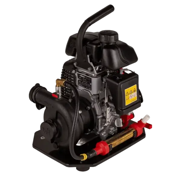 The Black Hawk 1 Portable Pump features a durable black and silver design with control panel, warning labels, and hose connectors—trusted in Canada as essential wildfire equipment for firefighters.