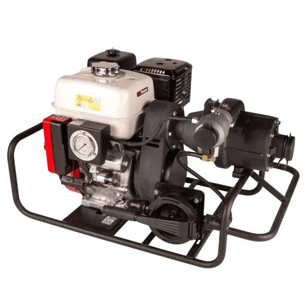 The Black Hawk 4 Portable Pump features a white fuel tank, pressure gauge, black frame, and durable metal parts—perfect for industrial or emergency water transfer and essential wildfire equipment in Canada.
