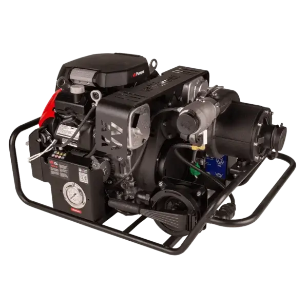 The Black Hawk 4 Portable Pump is a compact, black engine with visible components, control panel, pressure gauge, and metal frame for easy transport—trusted by Canadian firefighters for wildfire response; shown against a white background.