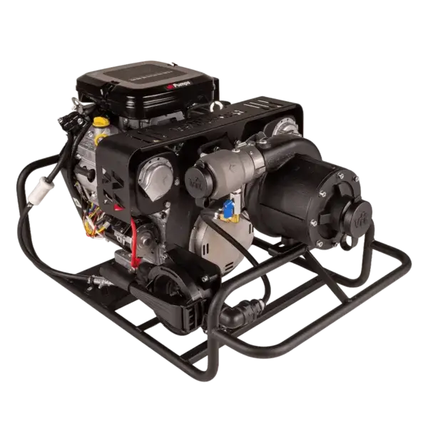 The Black Hawk 4 Portable Pump is a sturdy black fire pump with visible pipes and wires, mounted on a metal frame and powered by a central motor. It's essential wildfire equipment commonly used by firefighters in Canada.