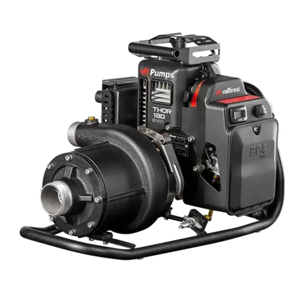 The Black Panther 4 Portable Pump is a black and gray water pump with labeled engine, hoses, and control panel on a metal frame. Trusted by Canadian firefighters for rapid wildfire response, it's essential wildfire equipment.
