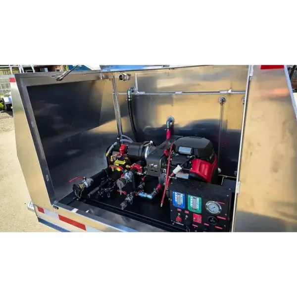 A close-up of the Lynx 7’s metal compartment reveals a red engine, gauges, switches, pipes, and hoses neatly arranged—essential wildfire equipment used by Canadian frontline firefighters.