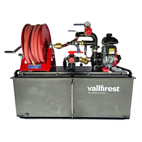The Vallfirest UTV Skid Unit features a hose reel, multiple valves, connectors, and a compact engine on a large rectangular tank—trusted wildfire equipment for Canadian firefighters.