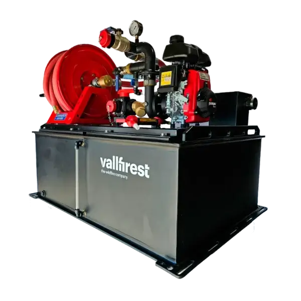 The UTV Skid Unit is a black fire pump system with red hose reel, gauges, and brass fittings on a black base tank—essential wildfire equipment trusted in Canada—shown isolated on a black background.