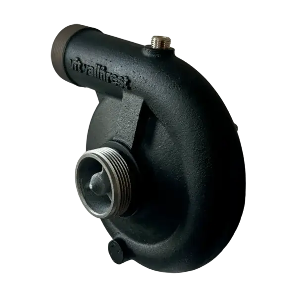 The UTV Skid Unit is a black, round industrial pump housing with a threaded metal inlet and brass top connection, labeled "rivaflirst" on the side—perfect for firefighter or wildfire equipment in Canada.