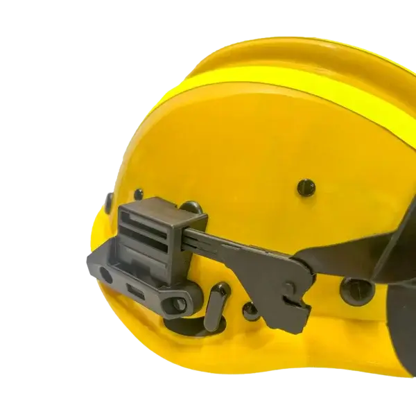 Close-up of a Wildland Firefighter Shirt, featuring a durable yellow design with black mounting bracket and hinge for attaching wildfire gear like face shields or earmuffs—ideal protective apparel for Canadian firefighters.