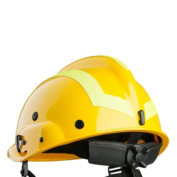 The Wildland Firefighter Helmet w/ Sawyer Kit is a yellow safety helmet with a chin strap and reflective stripes for head protection, pictured against a plain black background.