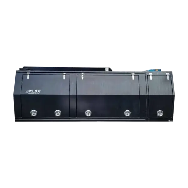 The Wildcat 1150 is a large black storage box with three lockable compartments and silver handles, designed for exterior mounting on vehicles—ideal for secure wildfire equipment transport in Canada.