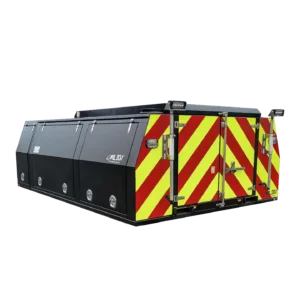 The Wildcat 1150 utility truck storage compartments in black and silver feature rear doors with bold red and yellow diagonal safety stripes, designed for wildfire equipment use in Canada, displayed on a plain black background.