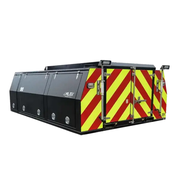 The Wildcat 1150 utility truck storage compartments in black and silver feature rear doors with bold red and yellow diagonal safety stripes, designed for wildfire equipment use in Canada, displayed on a plain black background.