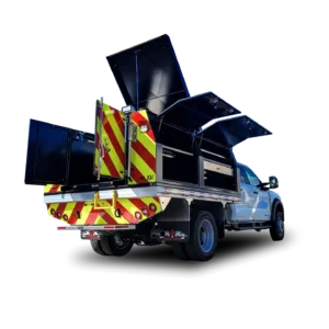 The Wildcat 950, a utility truck with storage compartments accessible from both sides and rear and red/yellow reflective stripes, is shown on a black background—perfect for transporting wildfire equipment in Canada.