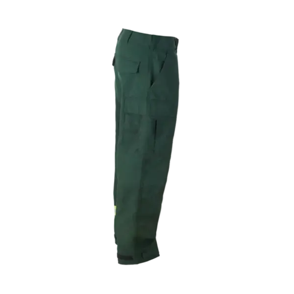 Dark green Wildland Firefighter Shirt shown from the side, featuring multiple pockets ideal for firefighter use, a straight cut, and buttoned front. Plain black background.