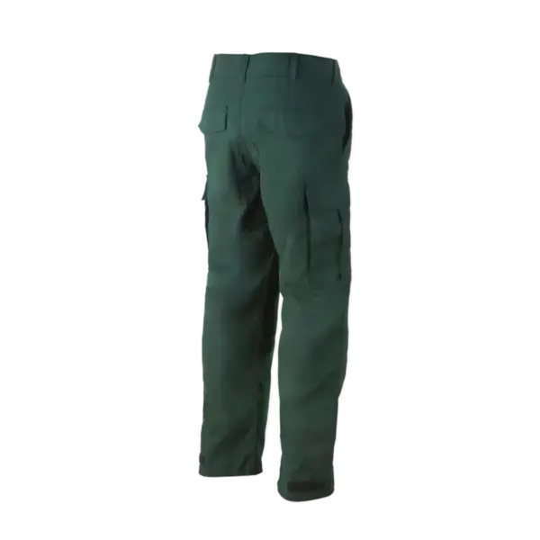 Wildland Firefighter Shirt in dark green, shown from the back on a plain black background. Features multiple pockets: two back flap pockets and a right-leg cargo pocket. Ideal for wildfire equipment use in Canada.