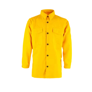 The Wildland Firefighter Shirt is a bright yellow long-sleeve top with black buttons, two flap chest pockets, and a collar, inspired by firefighter uniforms and shown on a plain black background.