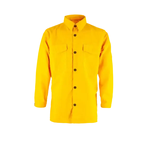 The Wildland Firefighter Shirt is a bright yellow long-sleeve top with black buttons, two flap chest pockets, and a collar, inspired by firefighter uniforms and shown on a plain black background.