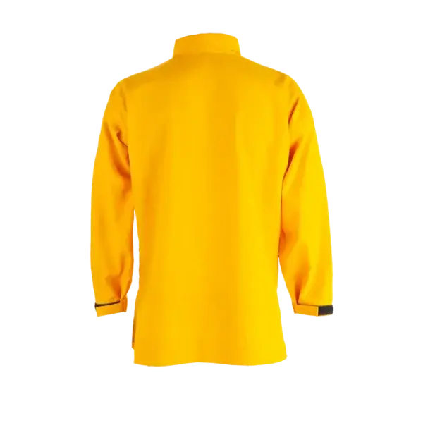 The Wildland Firefighter Shirt is a yellow, long-sleeved jacket with a high collar and black cuff trim, displayed from the back against a plain black background.